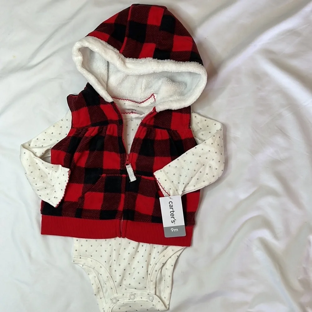 NWT Carters Kids Buffalo Red Black Plaid Fleece Vest Bundle of 3 Shirts Baby 9mo